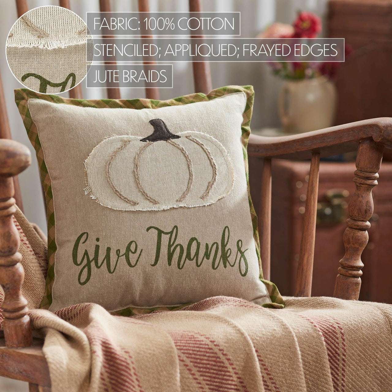 Harvest Blessings Applique Pumpkin Give Thanks Pillow 12x12 - The Fox Decor