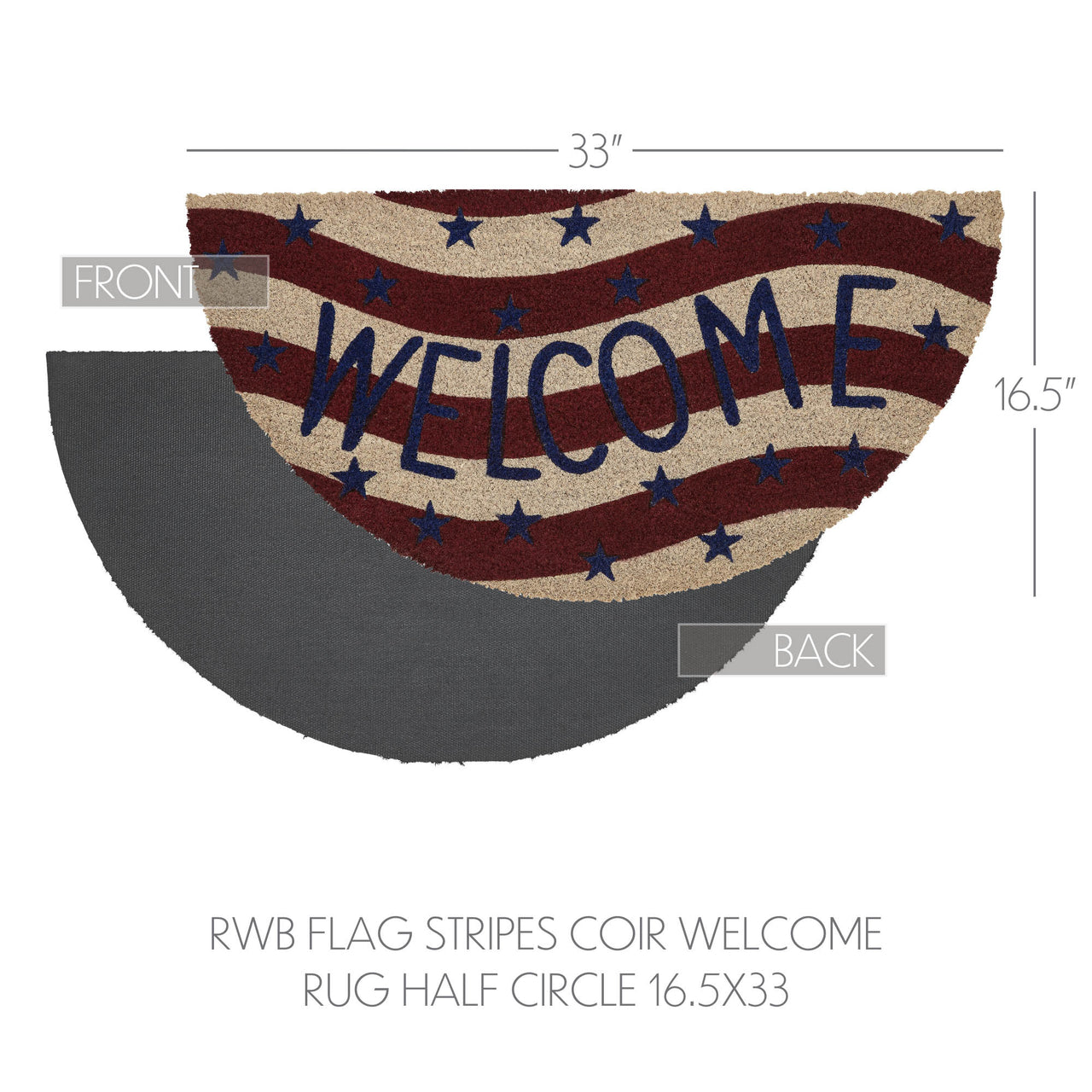 RWB Flag Stripes Coir Welcome Rug Half Circle 16.5x33 VHC Brands