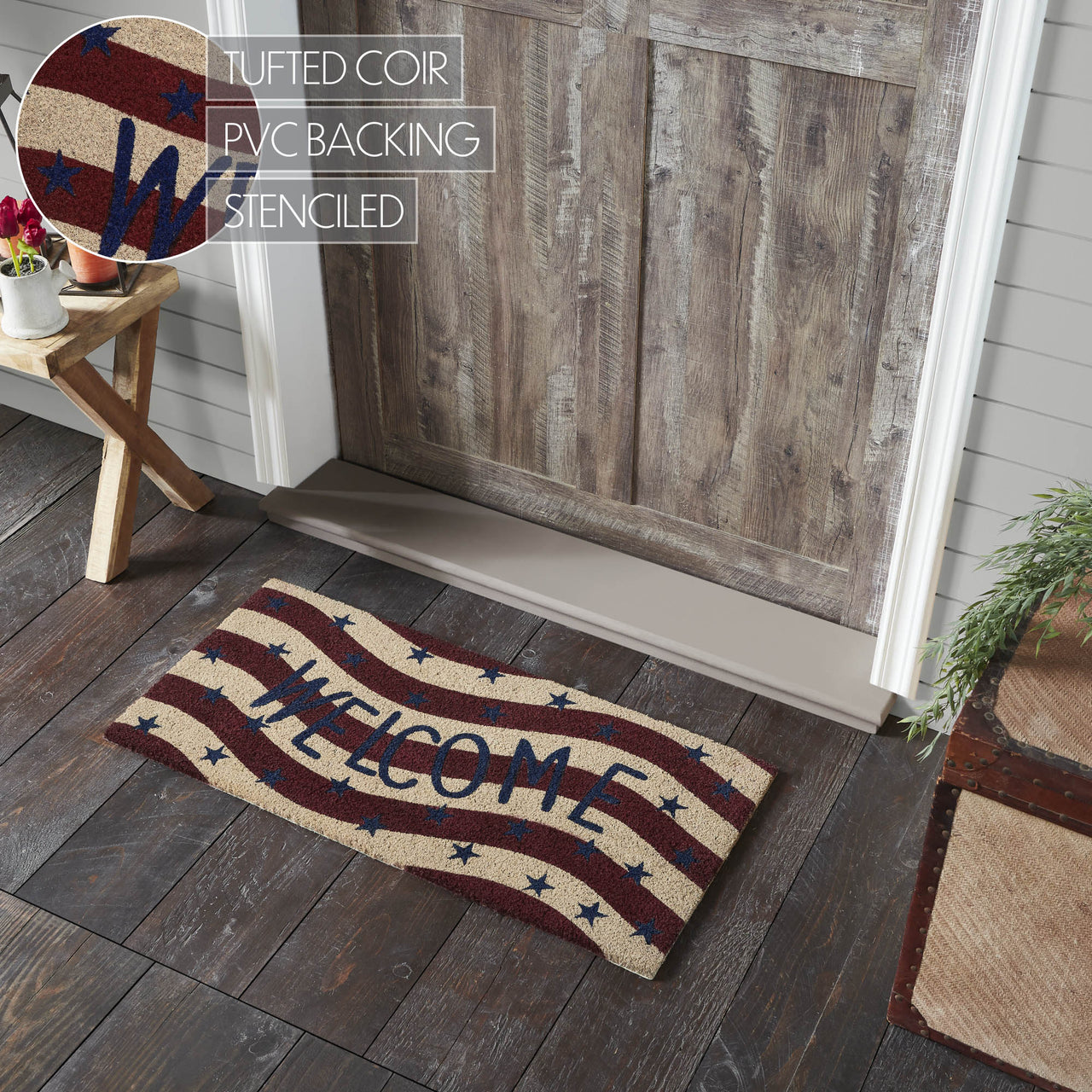 RWB Flag Stripes Coir Welcome Rug Rect 17x36 VHC Brands