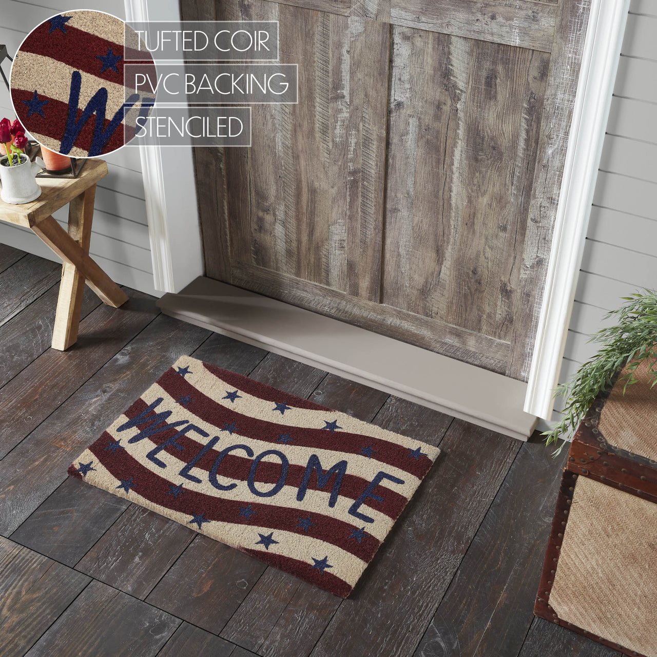 RWB Flag Stripes Coir Welcome Rug Rect 20x30 VHC Brands