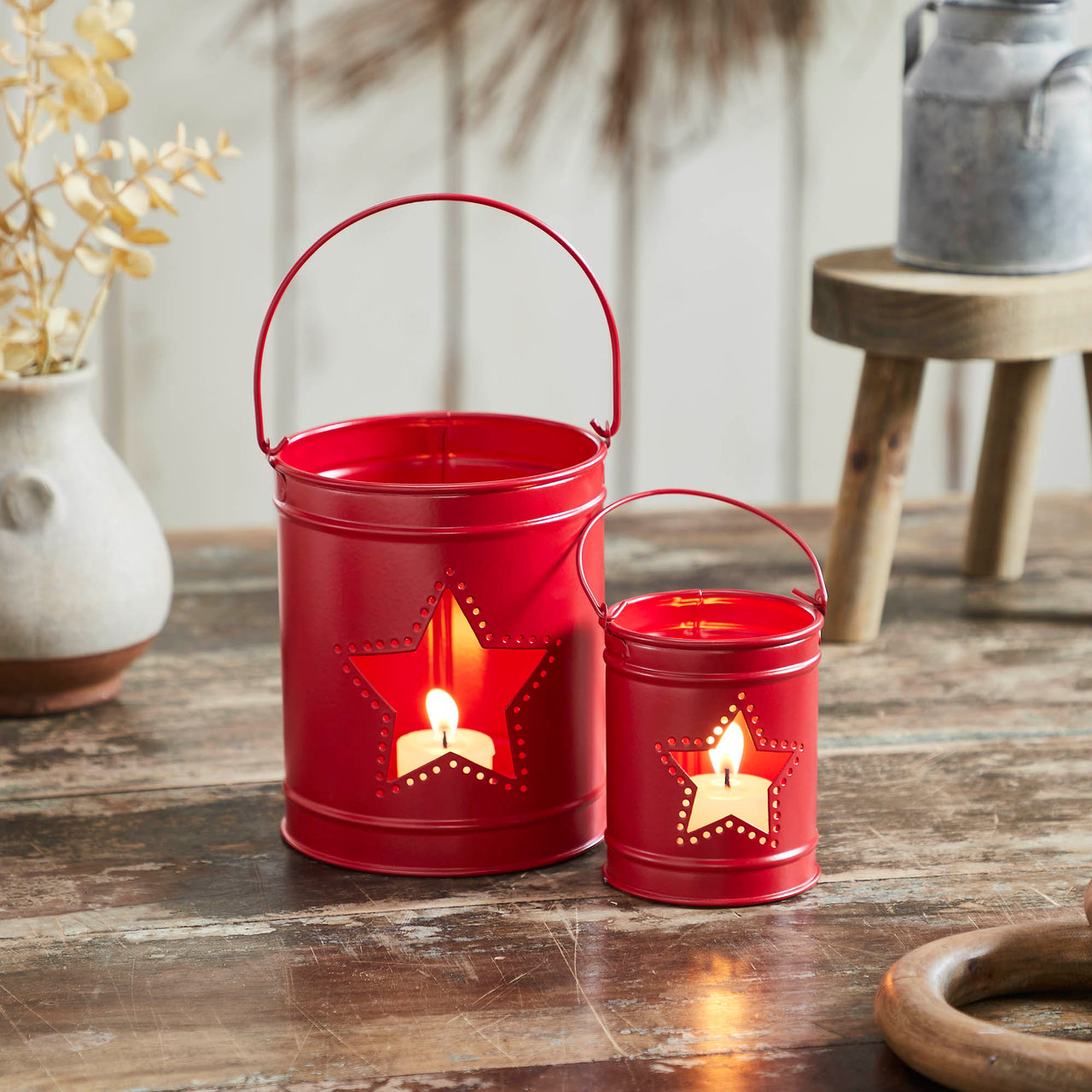 Patriotic Star Barn Red Metal Candle Holder Set of 2 - 5.5/3.5 inch - VHC Brands