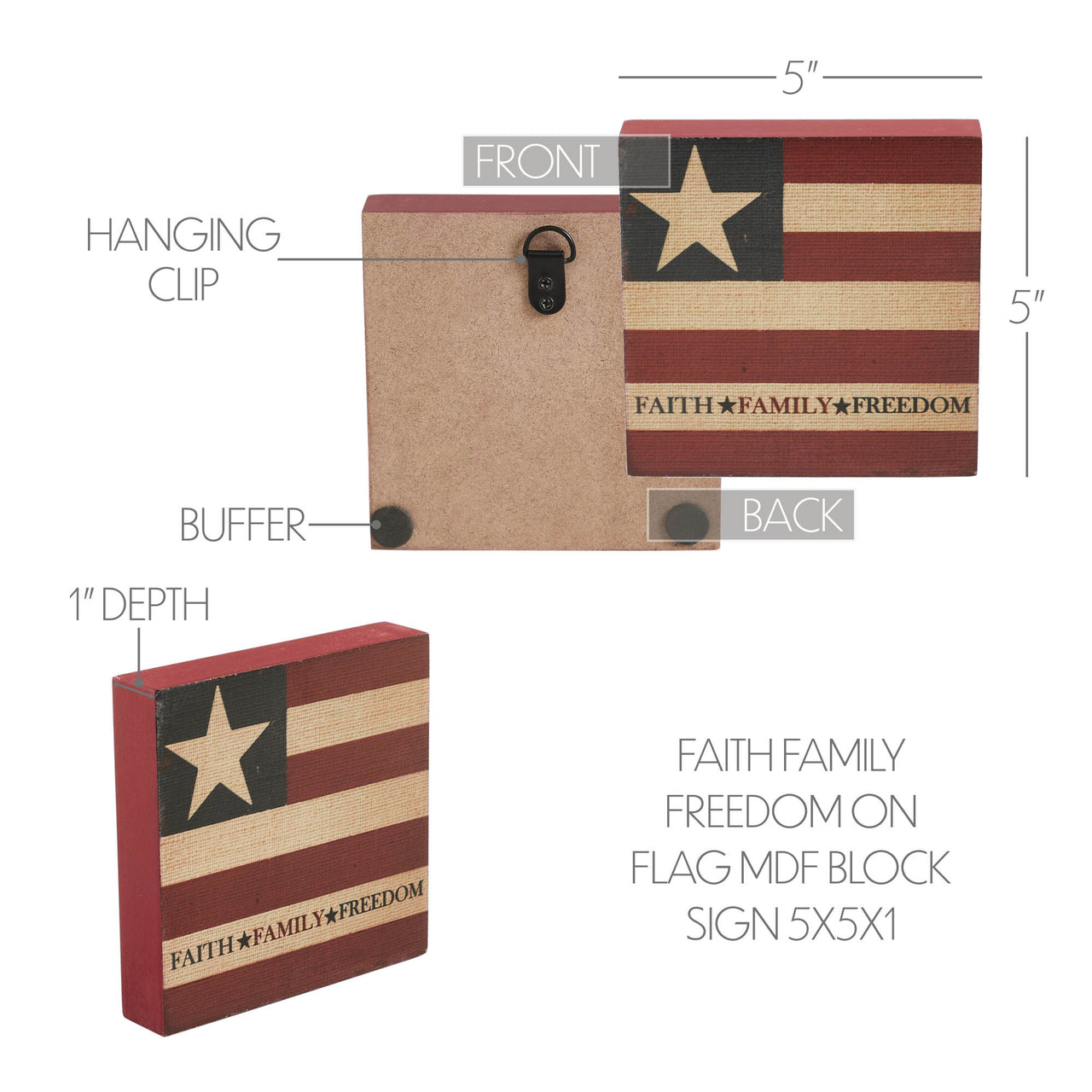 Faith Family Freedom on Flag MDF Block Sign 5x5x1 VHC Brands