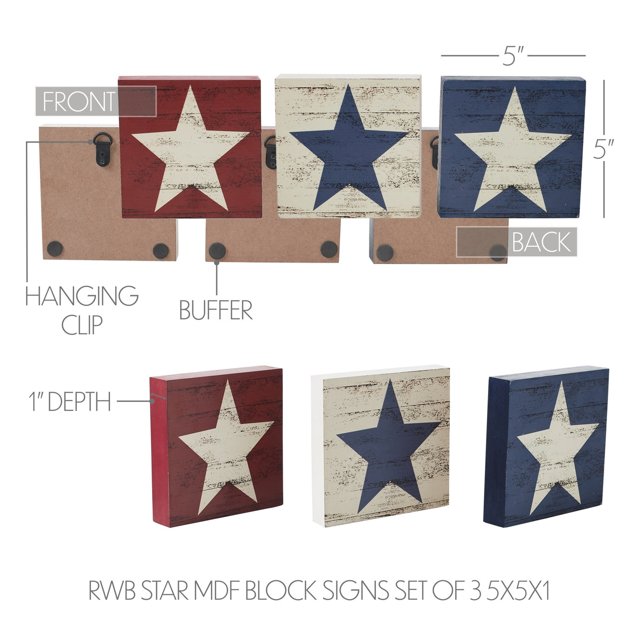 RWB Star MDF Block Signs Set of 3 5x5x1 VHC Brands