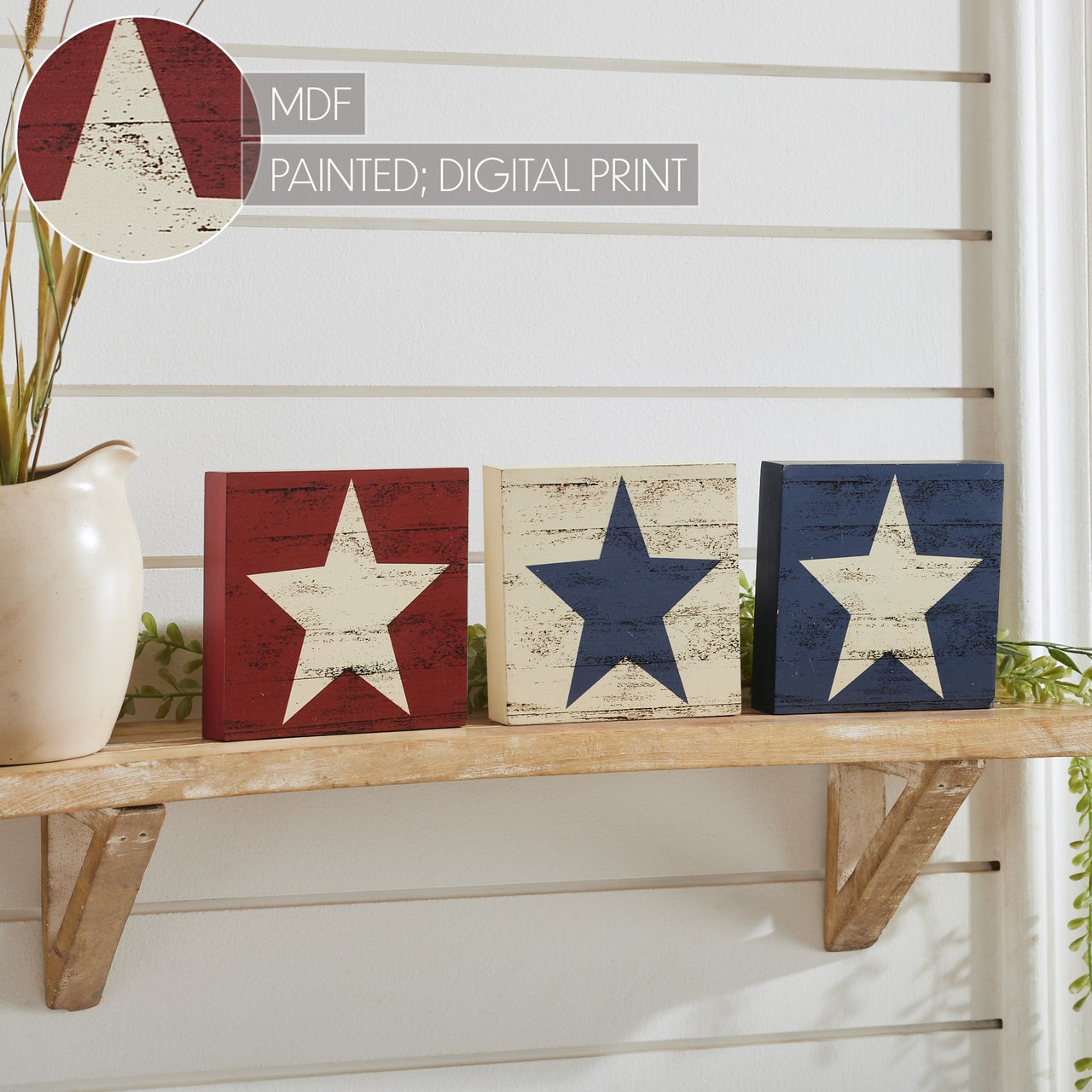 RWB Star MDF Block Signs Set of 3 5x5x1 VHC Brands
