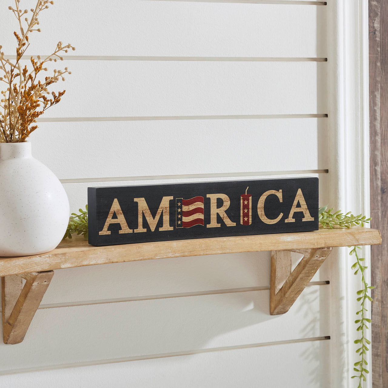 AMERICA Flag and Firecracker MDF Block Sign 3x14x1 VHC Brands