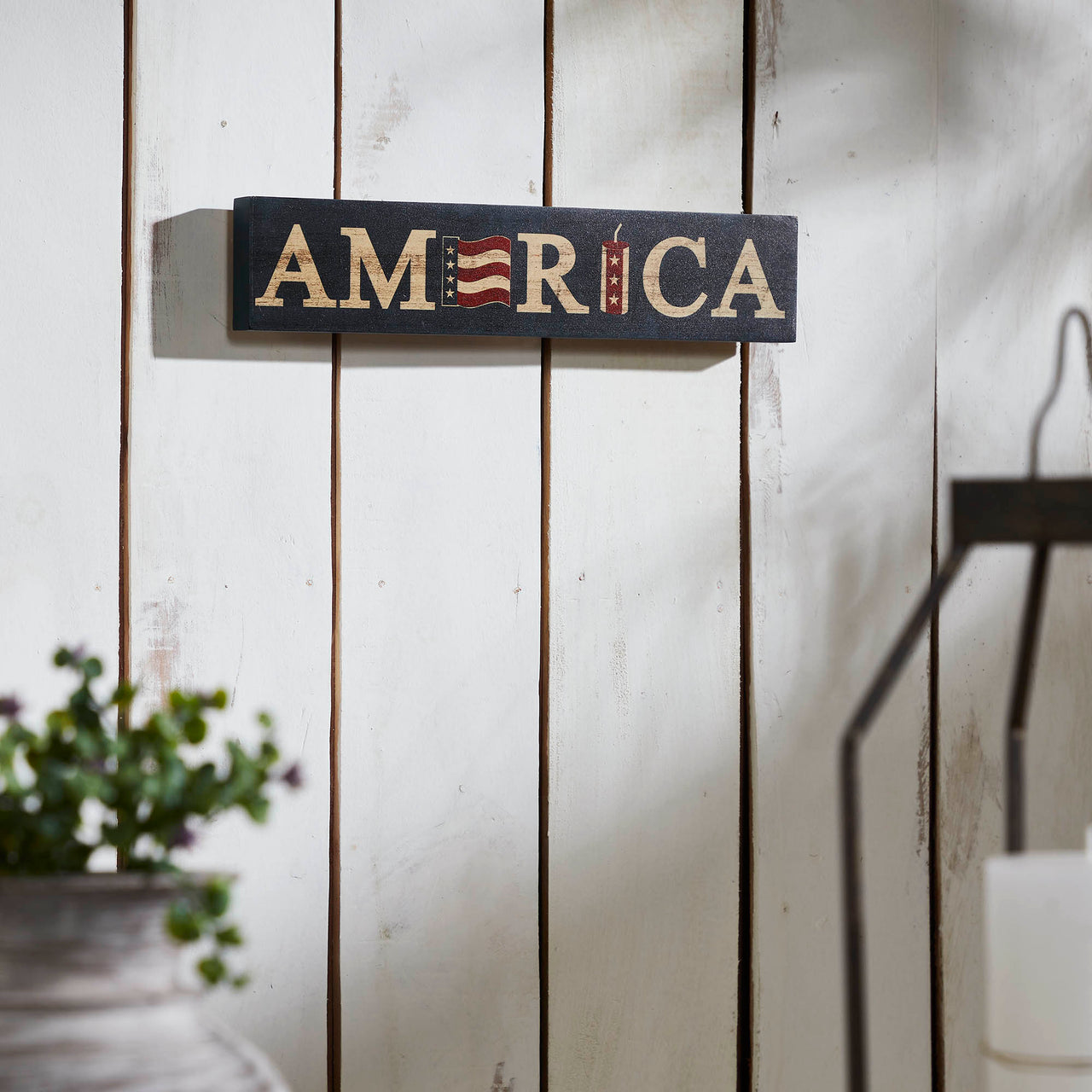 AMERICA Flag and Firecracker MDF Block Sign 3x14x1 VHC Brands