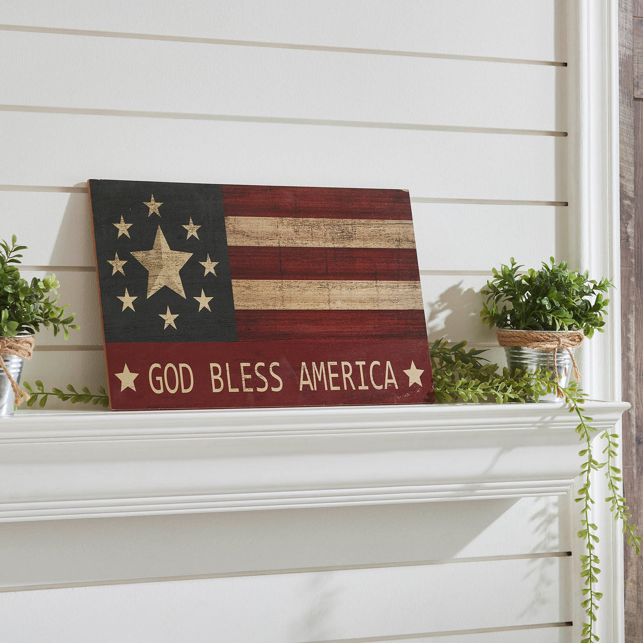 GOD BLESS AMERICA On Vintage American Flag MDF Wall Sign 10x16 VHC Brands