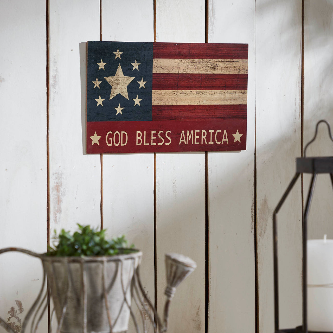 GOD BLESS AMERICA On Vintage American Flag MDF Wall Sign 10x16 VHC Brands