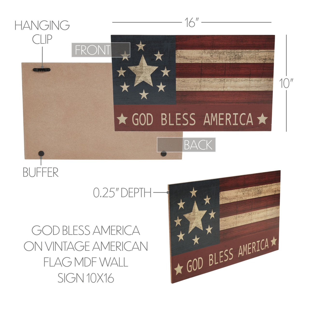 GOD BLESS AMERICA On Vintage American Flag MDF Wall Sign 10x16 VHC Brands