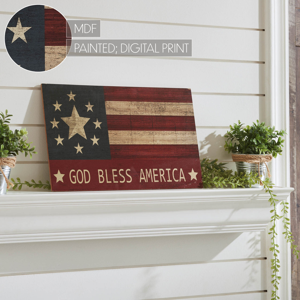 GOD BLESS AMERICA On Vintage American Flag MDF Wall Sign 10x16 VHC Brands