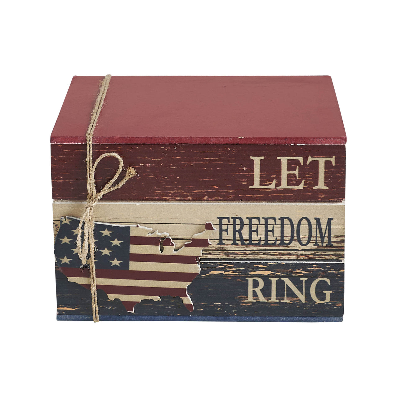 Let Freedom Ring MDF Block Sign w/ American Map Ornament On Twine 4x6x5 - VHC Brands