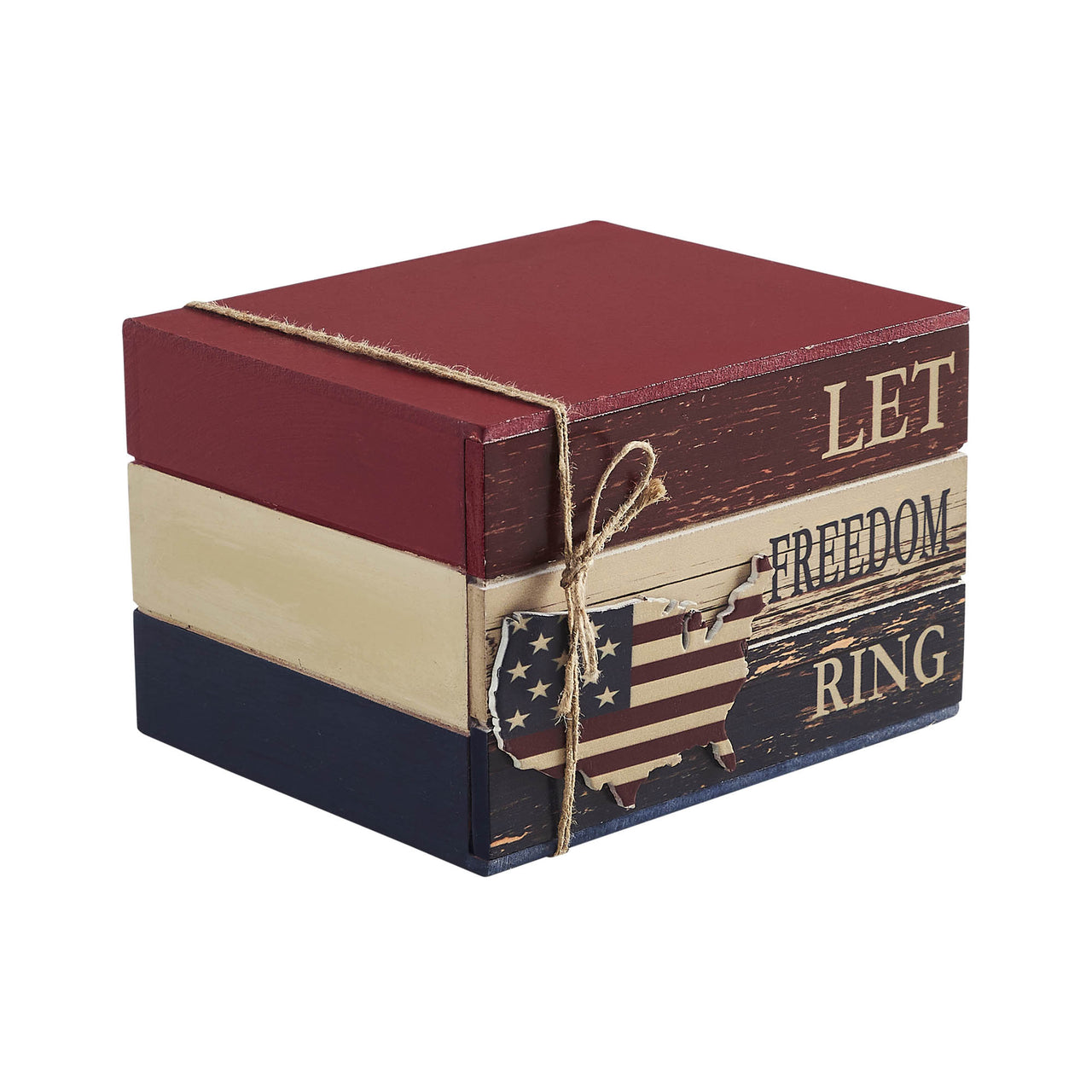 Let Freedom Ring MDF Block Sign w/ American Map Ornament On Twine 4x6x5 - VHC Brands