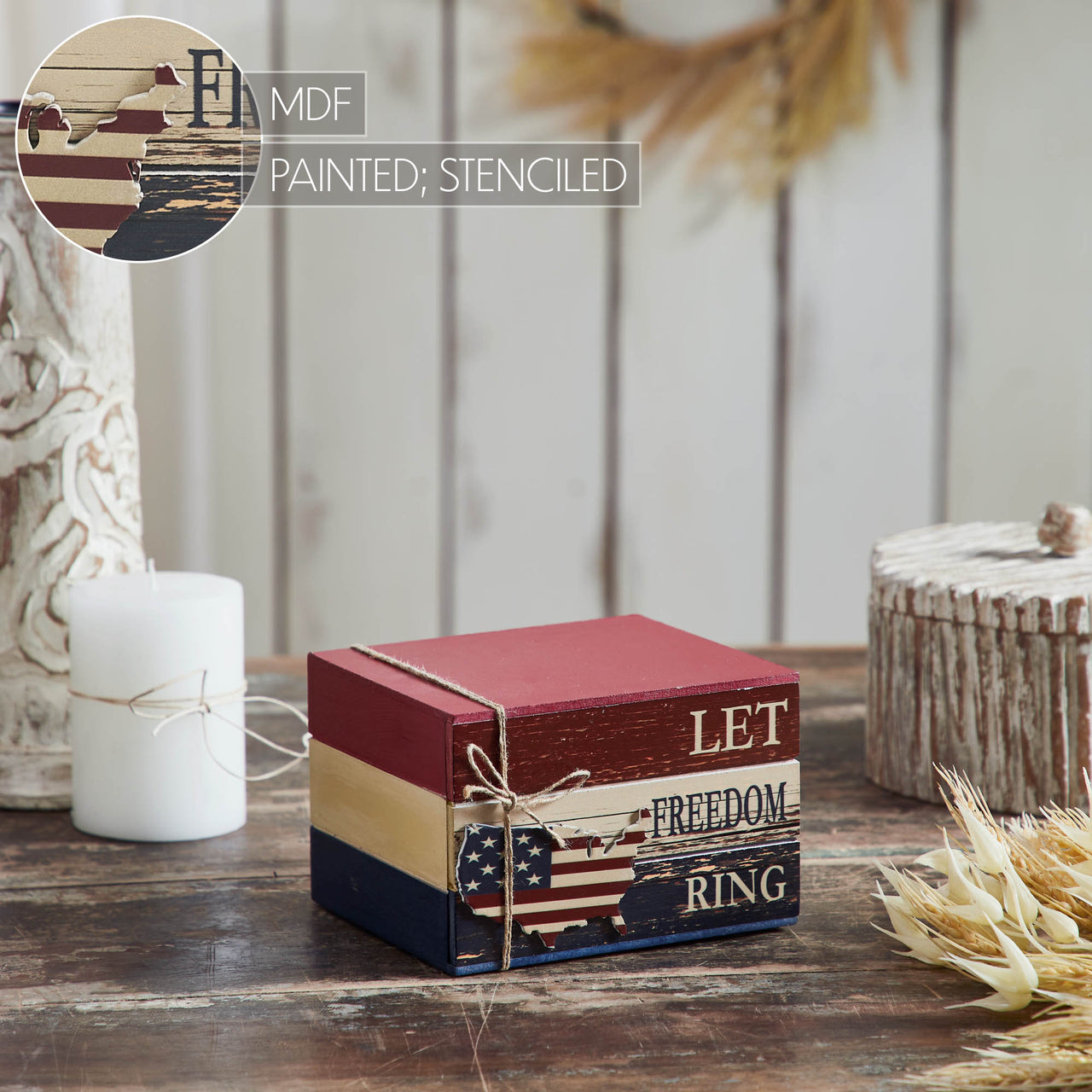 Let Freedom Ring MDF Block Sign w/ American Map Ornament On Twine 4x6x5 - VHC Brands