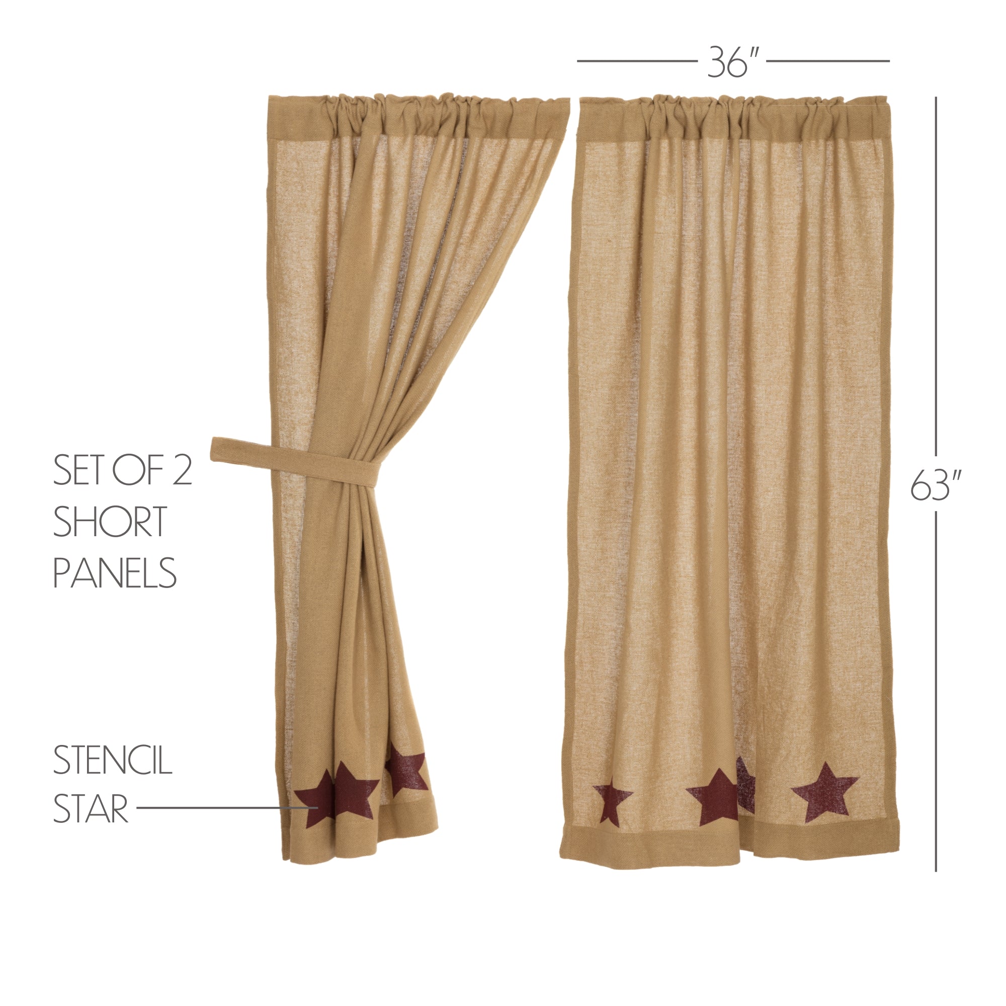 Burlap w/Burgundy Stencil Stars Short Panel Country Curtain Set of 2 36