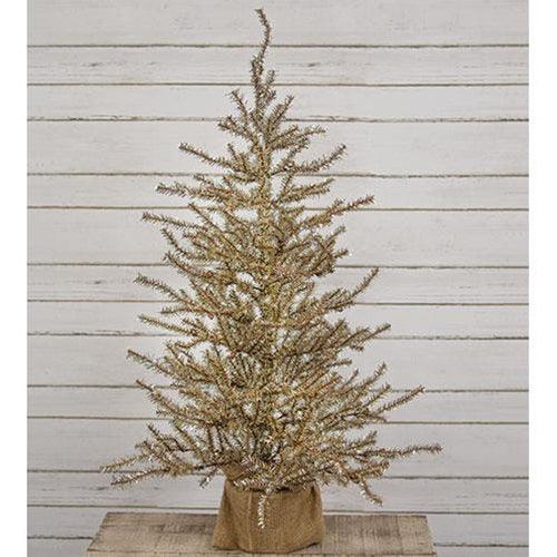Antiqued Silver Tinsel Tree w Burlap Base 4ft - The Fox Decor