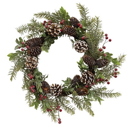 Frosty Cedar Pinecone & Red Berry Wreath