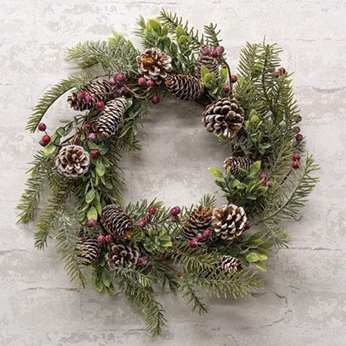 Frosty Cedar Pinecone & Red Berry Wreath