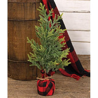 Glittered Cedar Tree with Red Black Buffalo Check Base - The Fox Decor