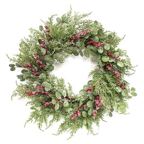 Frosted Eucalyptus Cedar and Red Berry Wreath 24 - The Fox Decor