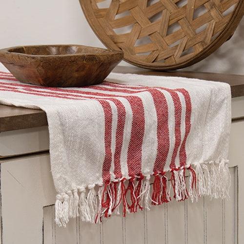 Red Stripe Fringed White Long Runner - The Fox Decor