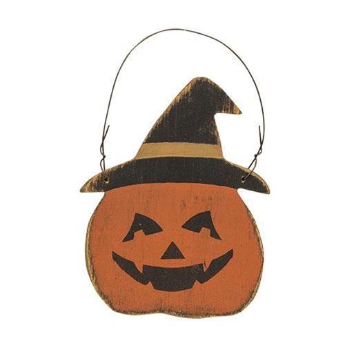 Distressed Wood Jack O Lantern Witch Ornament - The Fox Decor