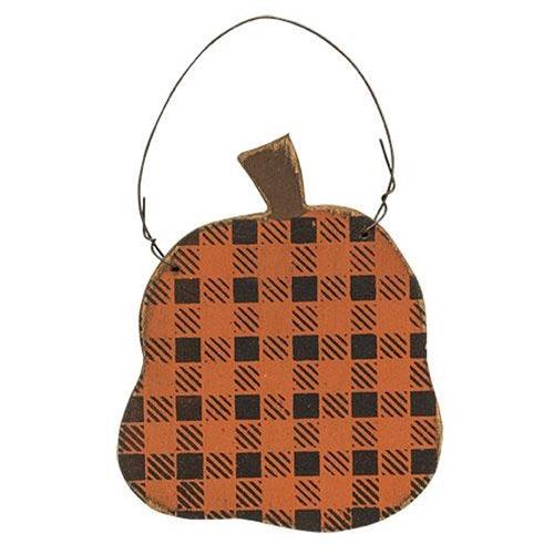 Distressed Black & Orange Buffalo Check Pumpkin Ornament 3 Asstd - The Fox Decor