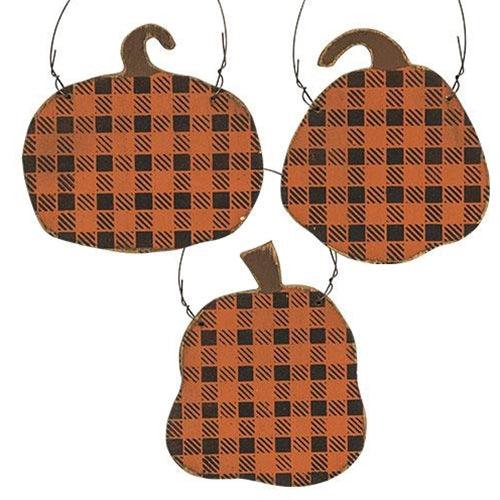 Distressed Black & Orange Buffalo Check Pumpkin Ornament 3 Asstd - The Fox Decor