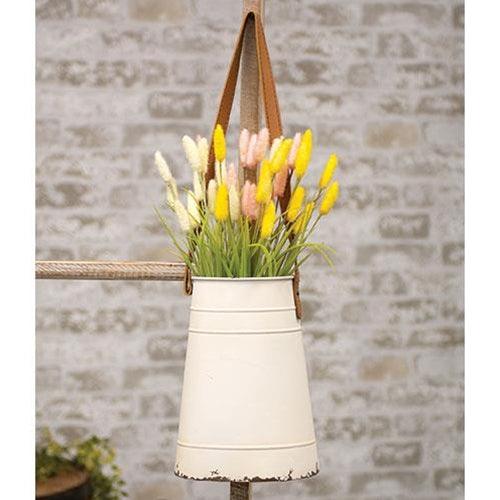 Distressed Cream Metal Wall Bucket w Leather Hanger - The Fox Decor