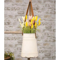 Distressed Cream Metal Wall Bucket w Leather Hanger - The Fox Decor