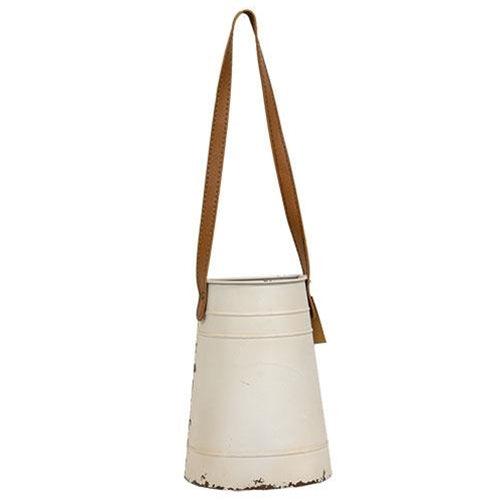 Distressed Cream Metal Wall Bucket w Leather Hanger - The Fox Decor