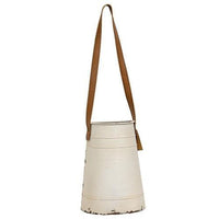Distressed Cream Metal Wall Bucket w Leather Hanger - The Fox Decor