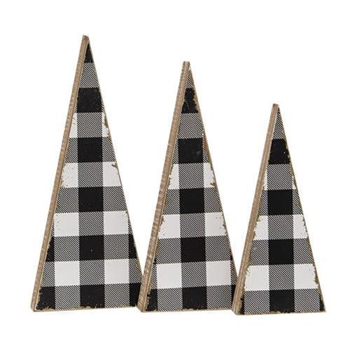 3 Set Black & White Buffalo Check Wooden Trees - The Fox Decor