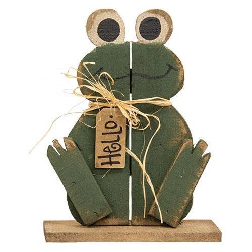 Hello Sitting Rustic Wood Froggy on Base - The Fox Decor