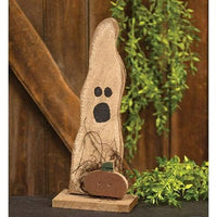 Rustic Wood Skinny Ghost w Pumpkin On Base - The Fox Decor