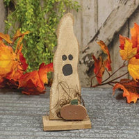 Rustic Wood Skinny Ghost w Pumpkin On Base - The Fox Decor