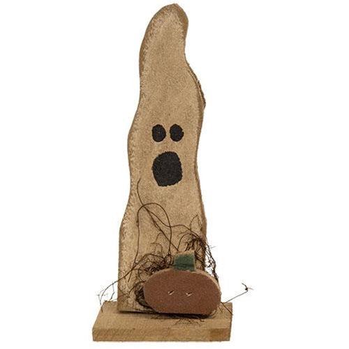 Rustic Wood Skinny Ghost w Pumpkin On Base - The Fox Decor