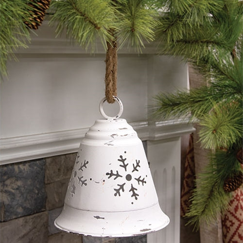 Distressed White Metal Bell w Snowflake Cutouts - The Fox Decor