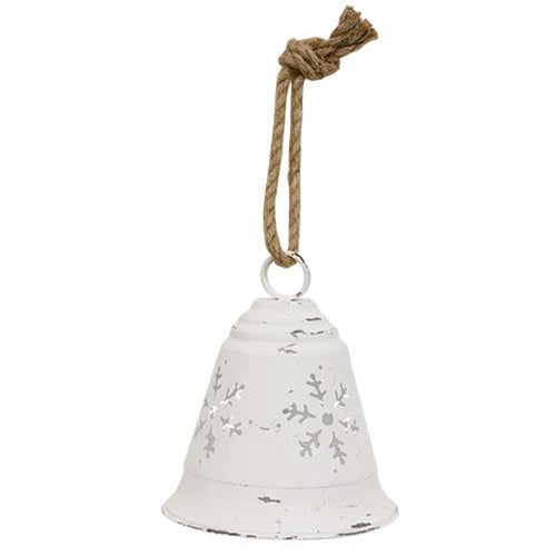 Distressed White Metal Bell w Snowflake Cutouts - The Fox Decor