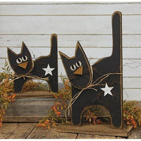 Rustic Wood Black Kitten w White Star on Base - The Fox Decor