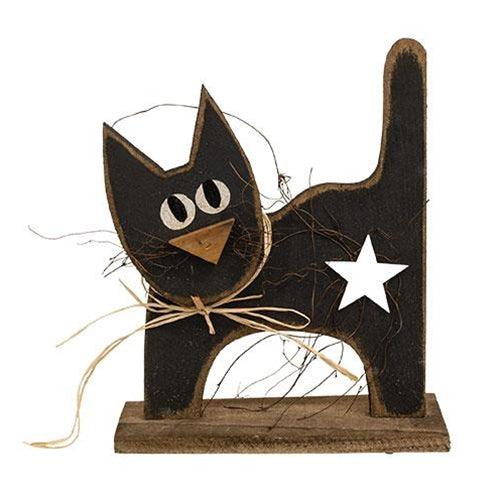 Rustic Wood Black Kitten w White Star on Base - The Fox Decor