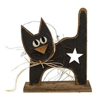 Rustic Wood Black Kitten w White Star on Base - The Fox Decor