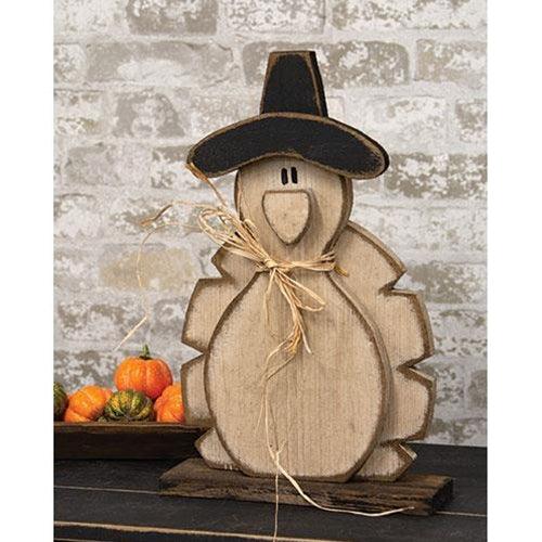 Rustic Wood Pilgrim Hat Turkey on Base - The Fox Decor