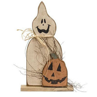 Rustic Wood Ghost w Jack O Lantern on Base - The Fox Decor