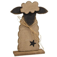 Rustic Wood Primitive Fluffy Sheep on Base 165H - The Fox Decor