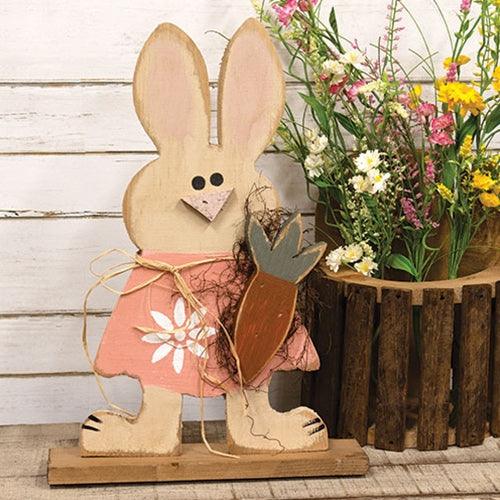 Rustic Wood Standing Girl Bunny w Carrot on Base - The Fox Decor