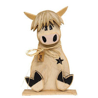 Rustic Wood Sitting Moo Highland on Base 3 Asstd - The Fox Decor