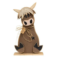 Rustic Wood Sitting Moo Highland on Base 3 Asstd - The Fox Decor