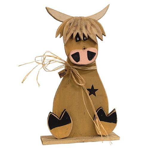 Rustic Wood Sitting Moo Highland on Base 3 Asstd - The Fox Decor