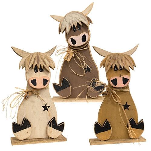 Rustic Wood Sitting Moo Highland on Base 3 Asstd - The Fox Decor