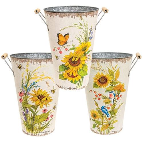 Sunflowers & Blooms Metal Bucket 3 Asstd - The Fox Decor